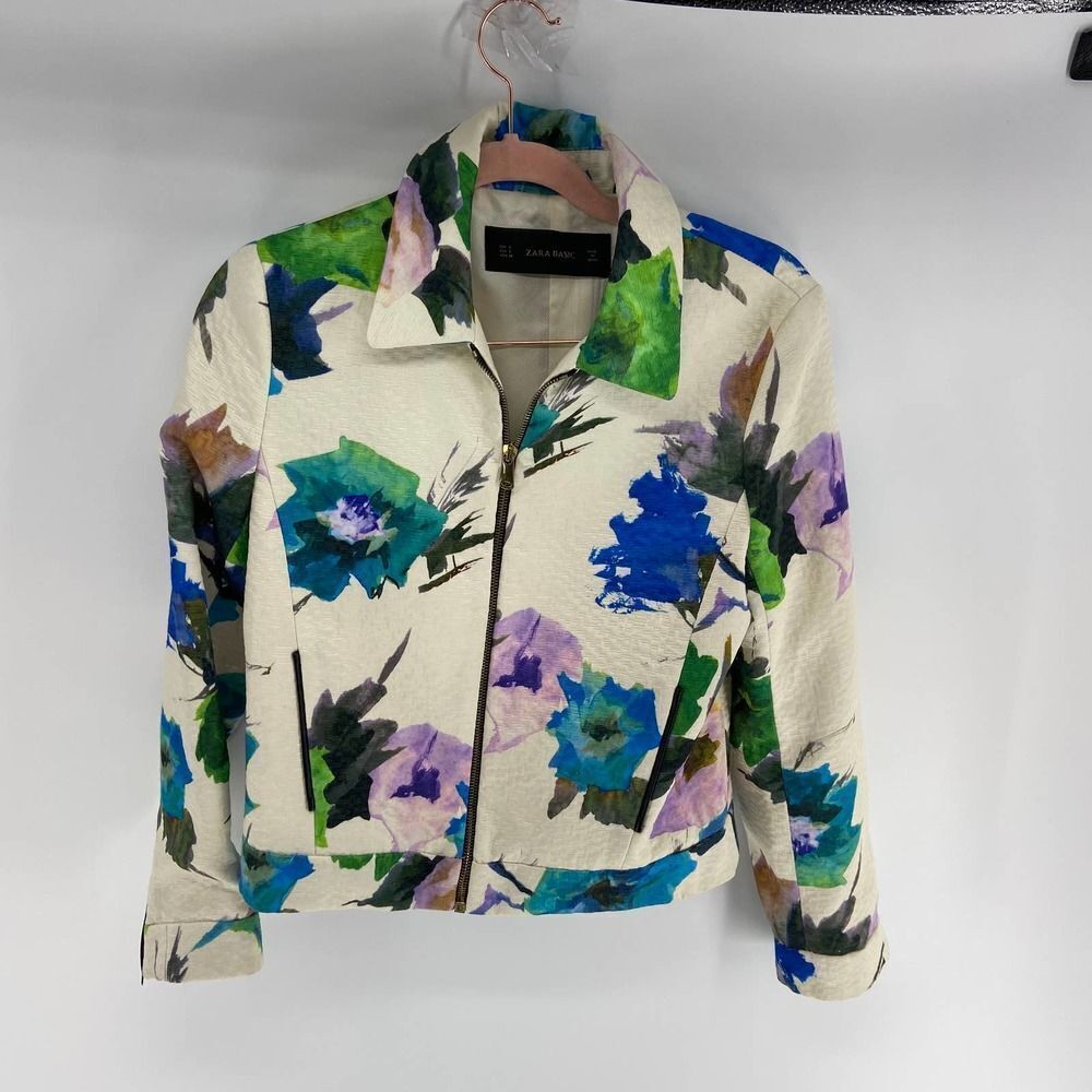 Zara cream jewel tone large floral full zip collared crop jacket womens s